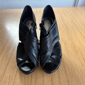 BCBGirls Black Leather Peep-Toe Wrap Heels